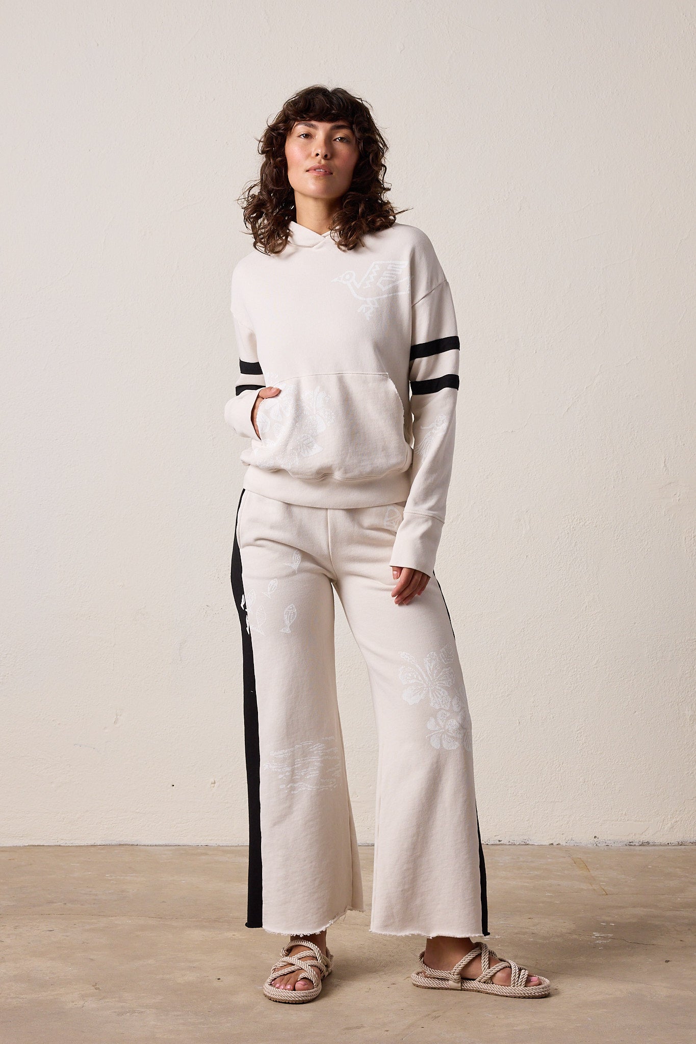 NSF Riley Wide Leg Pant – Hula Stamp – Ivory Black French Terry