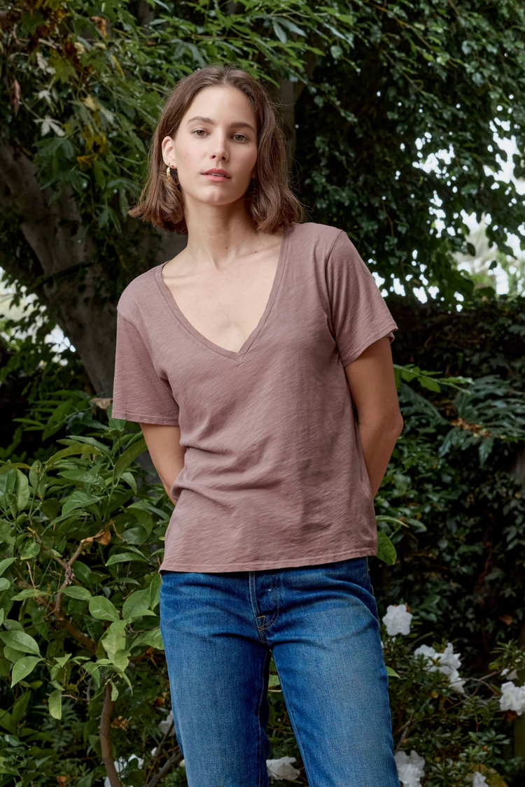 NSF Layla Relaxed V Neck Slub Jersey Tee - Deep Taupe