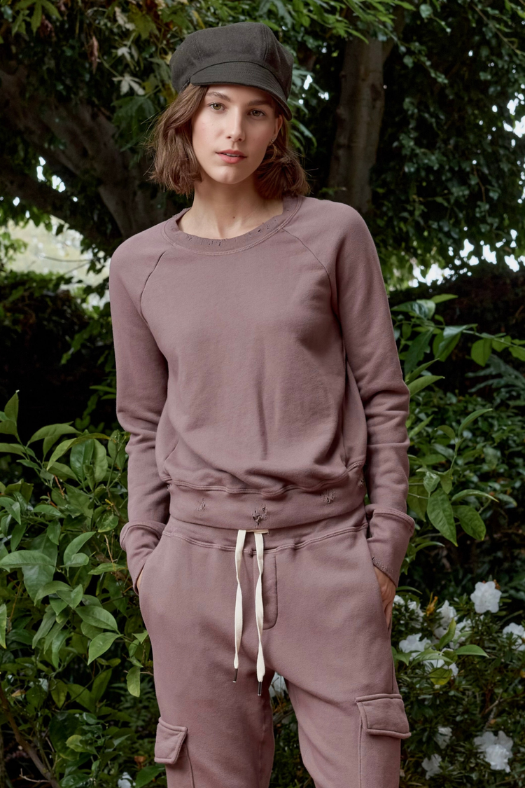 NSF Saguro Chic Distressed Loop Terry Sweatshirt - Deep Taupe