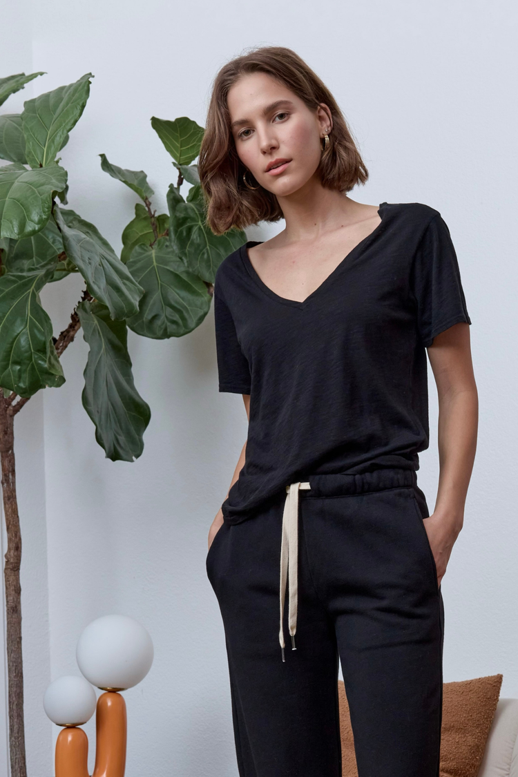 NSF Layla Relaxed V Neck Slub Jersey Tee - Black