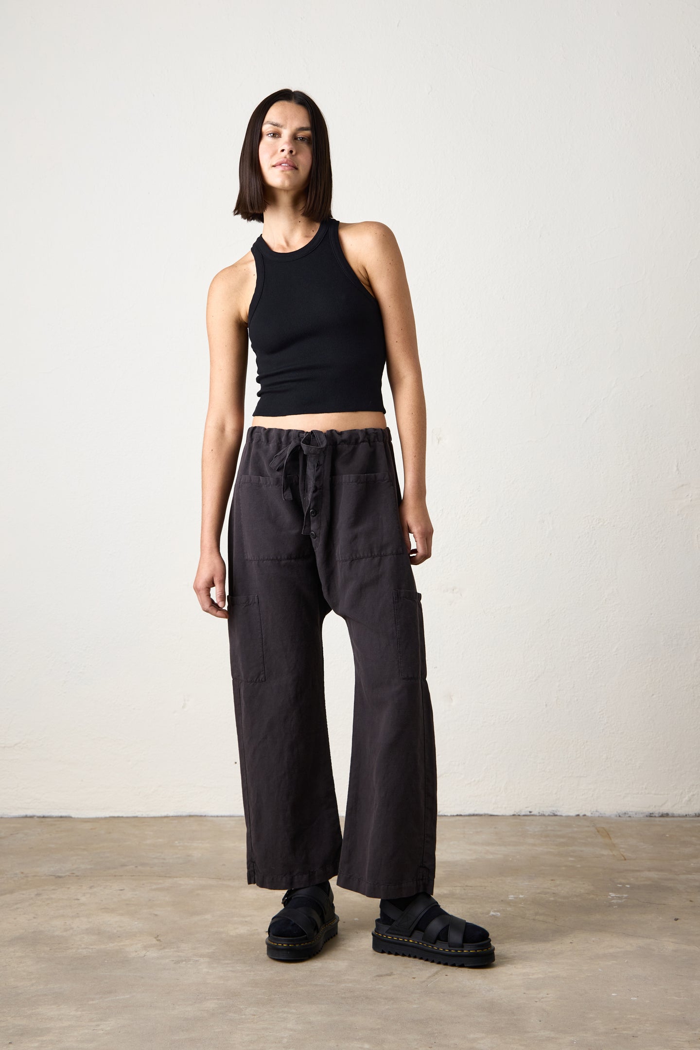 CARLSON LINEN COTTON TIE PANT / FADED BLACK