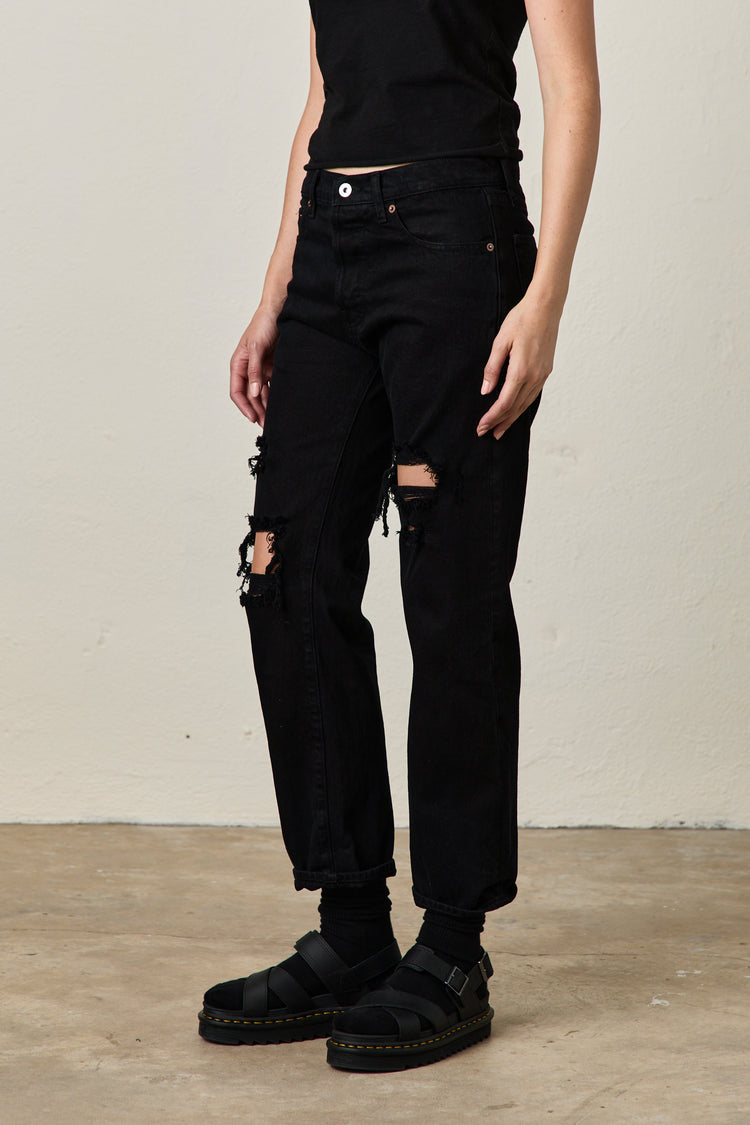 NSF Owen Mid Rise Slim Straight Jean -Over Dye Black Destroy