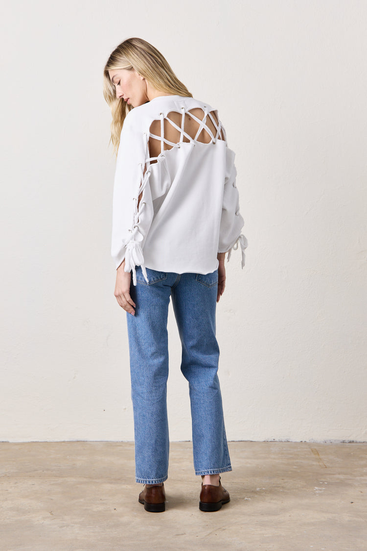 NSF Hendricks Lace Back Cozy Fleece Sweatshirt - White