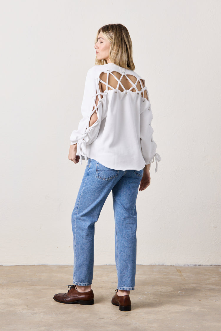 NSF Hendricks Lace Back Cozy Fleece Sweatshirt - White