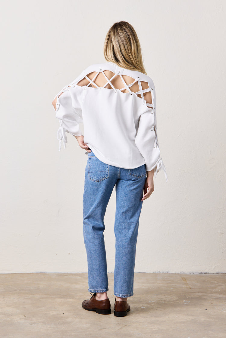 NSF Hendricks Lace Back Cozy Fleece Sweatshirt - White