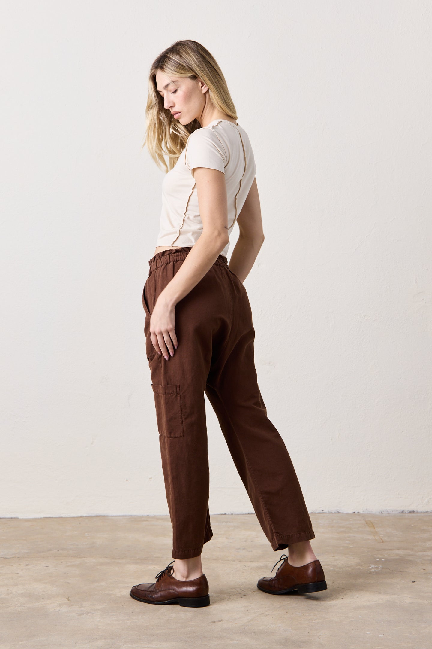 SHAILEY PAPERBAG WAIST LINEN COTTON PANT / BRINDLE