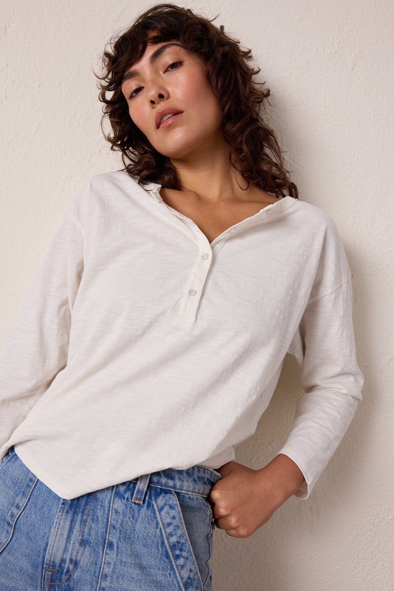 Women's Tee – NSF Hazel Boxy Slub Jersey Henley in Soft White