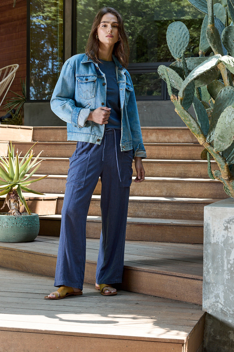 NSF Sydney Wide Leg Linen Viscose Pant - Indigo