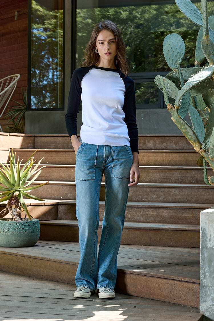 NSF Aria Fitted Baby Rib Raglan Tee - White/Black