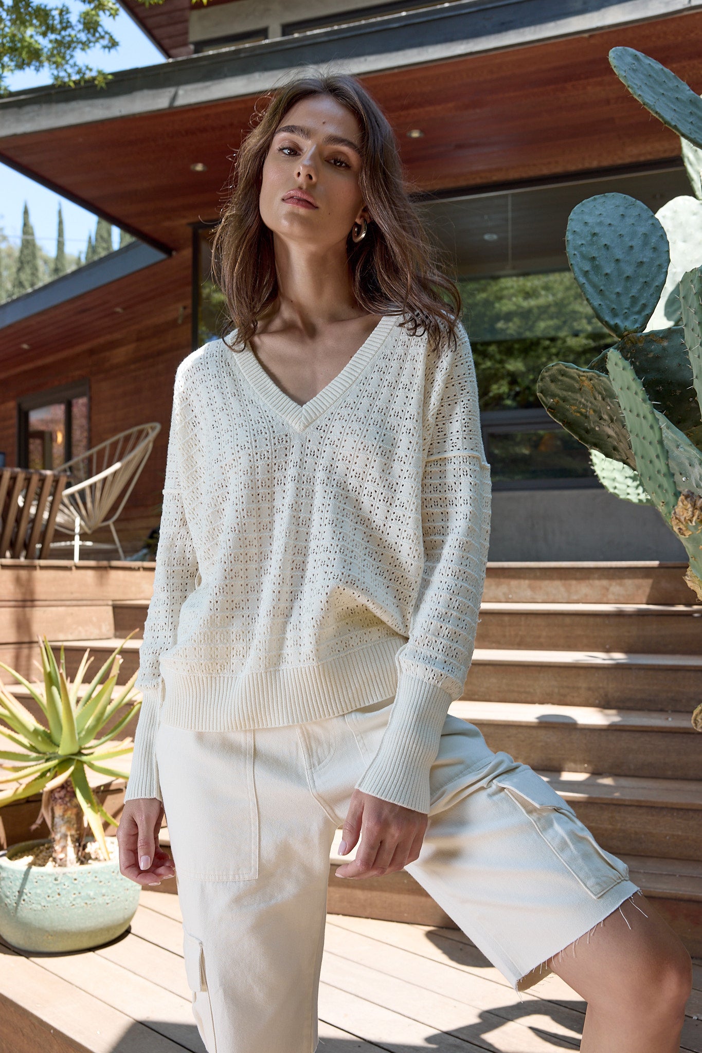 Soft White Viscose Pointelle V-Neck Sweater – Relaxed Fit – NSF