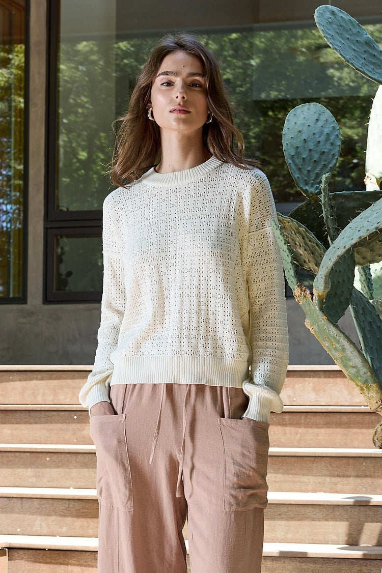 NSF Estelle Viscose Blend Crochet Blouson Crew Sweater - Chalk