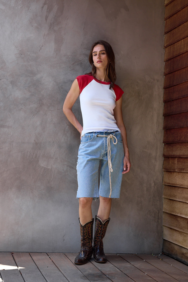 NSF Chloe Fitted Baby Rib Muscle Tee - White/Crimson