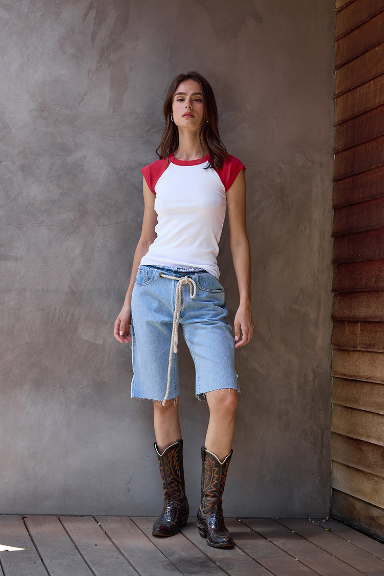 NSF Chloe Fitted Baby Rib Muscle Tee - White/Crimson