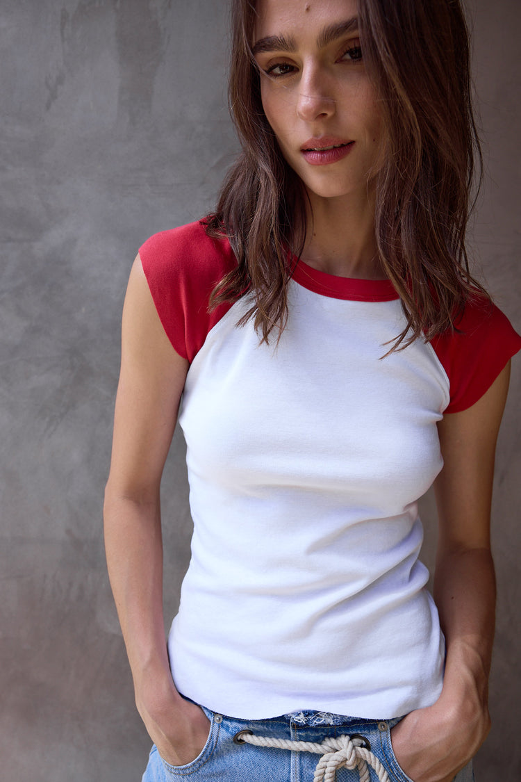NSF Chloe Fitted Baby Rib Muscle Tee - White/Crimson