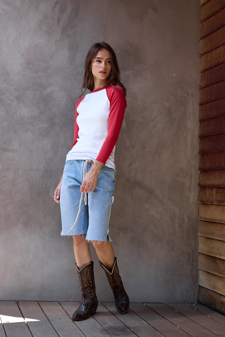 NSF Aria Fitted Baby Rib Raglan Tee - White/Crimson