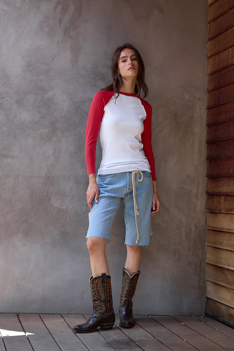 NSF Aria Fitted Baby Rib Raglan Tee - White/Crimson