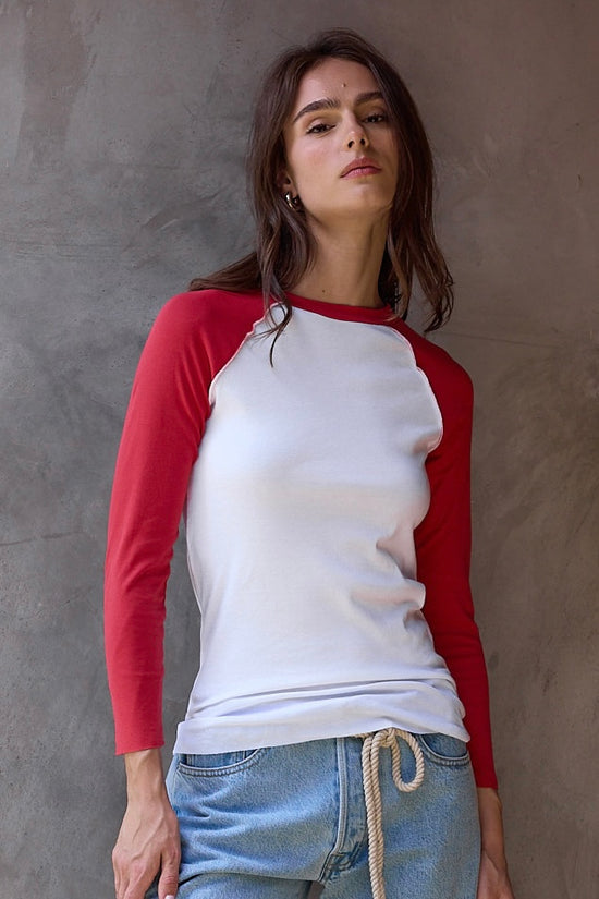 NSF Aria Fitted Baby Rib Raglan Tee - White/Crimson