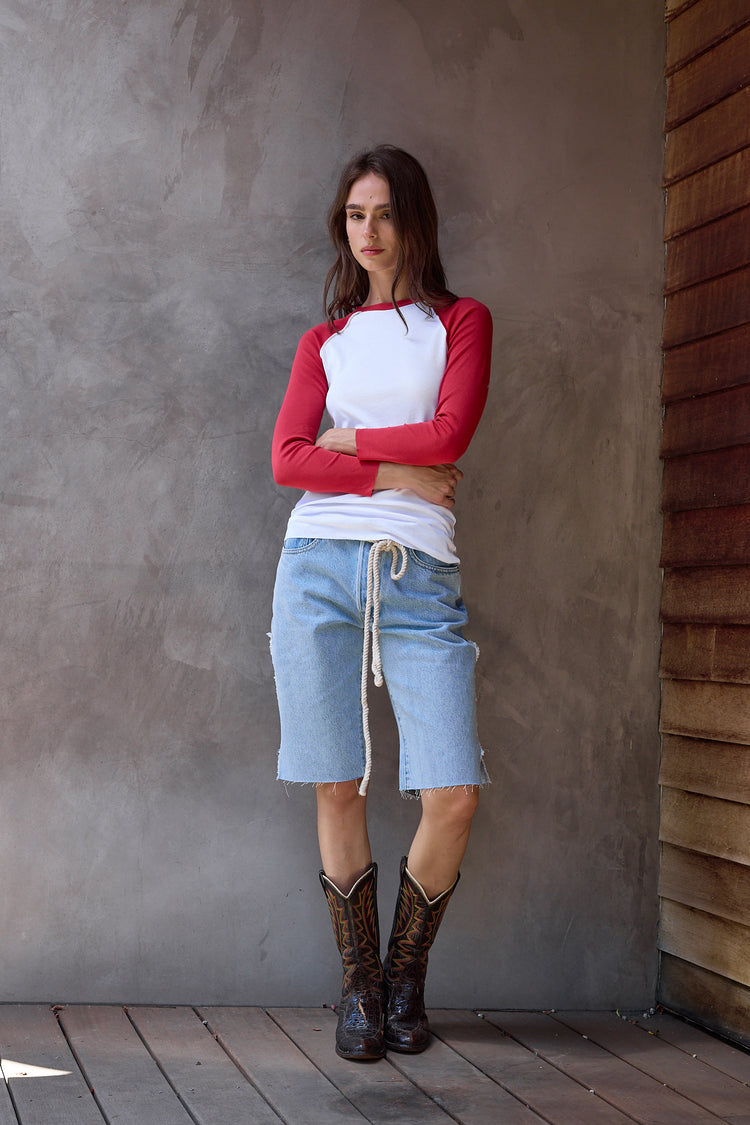 NSF Aria Fitted Baby Rib Raglan Tee - White/Crimson