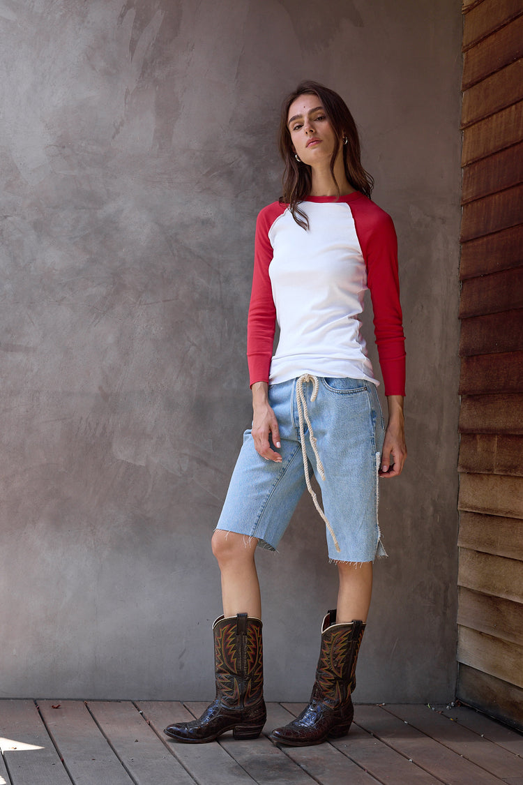 NSF Aria Fitted Baby Rib Raglan Tee - White/Crimson