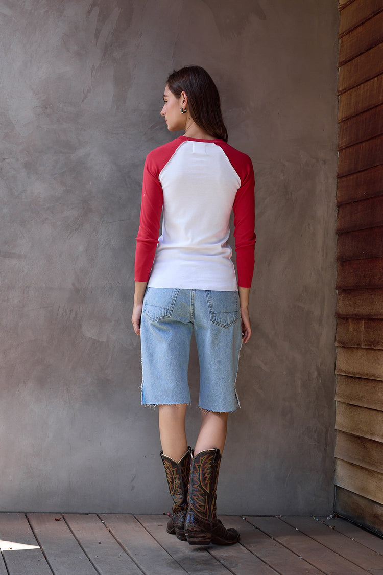 NSF Aria Fitted Baby Rib Raglan Tee - White/Crimson