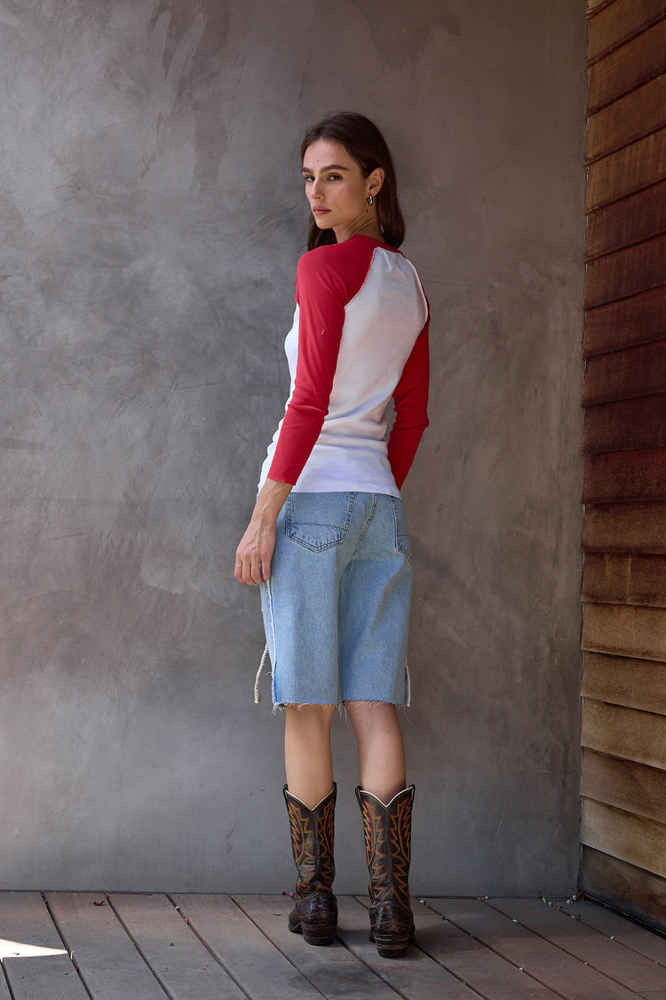 NSF Aria Fitted Baby Rib Raglan Tee - White/Crimson