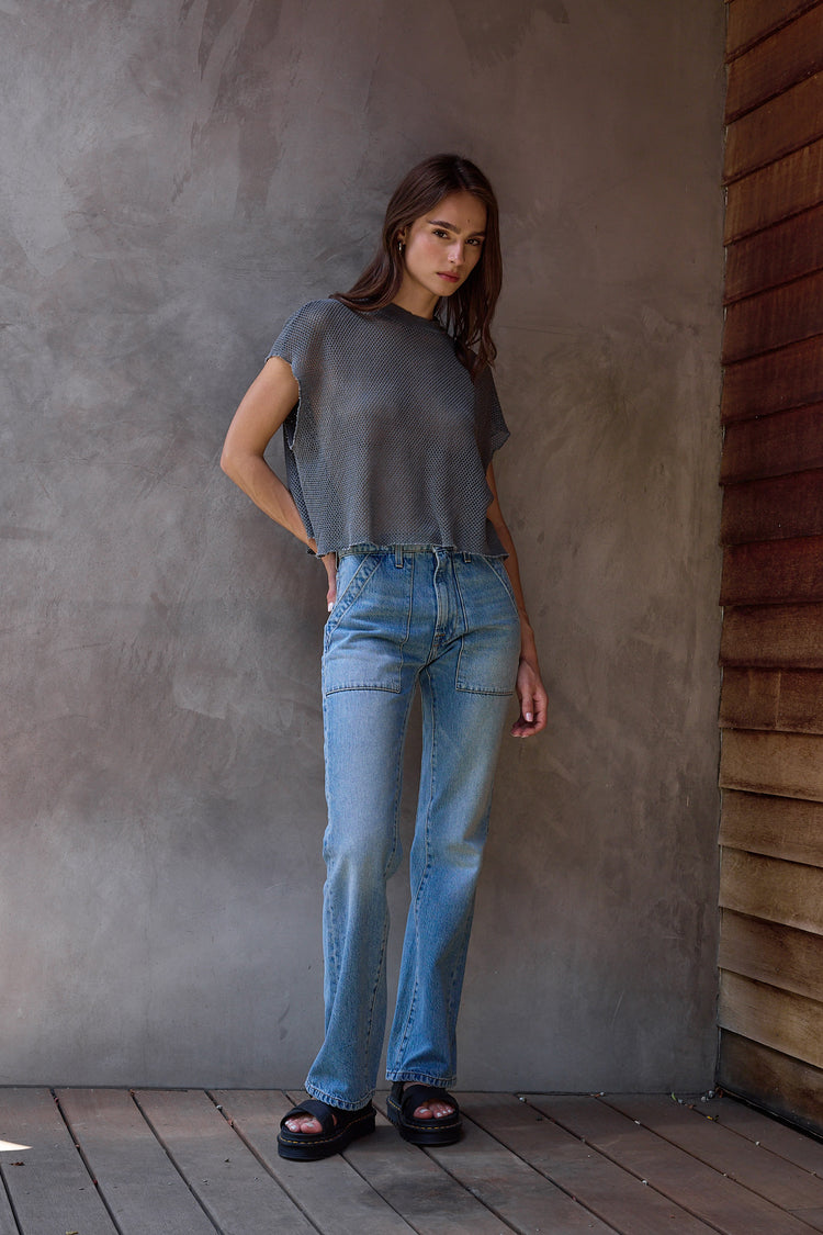 NSF Daryl Boxy Mesh Mock Neck Tee - Faded Black