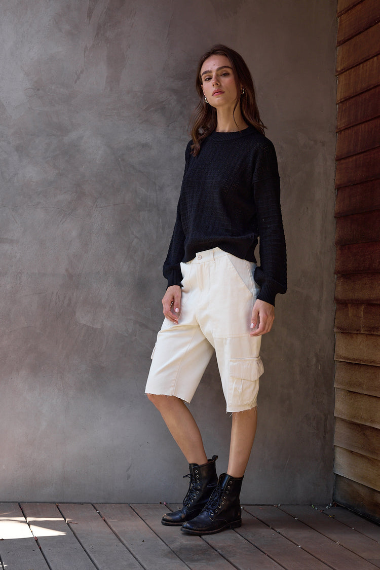 NSF Estelle Viscose Blend Crochet Blouson Crew Sweater - Black