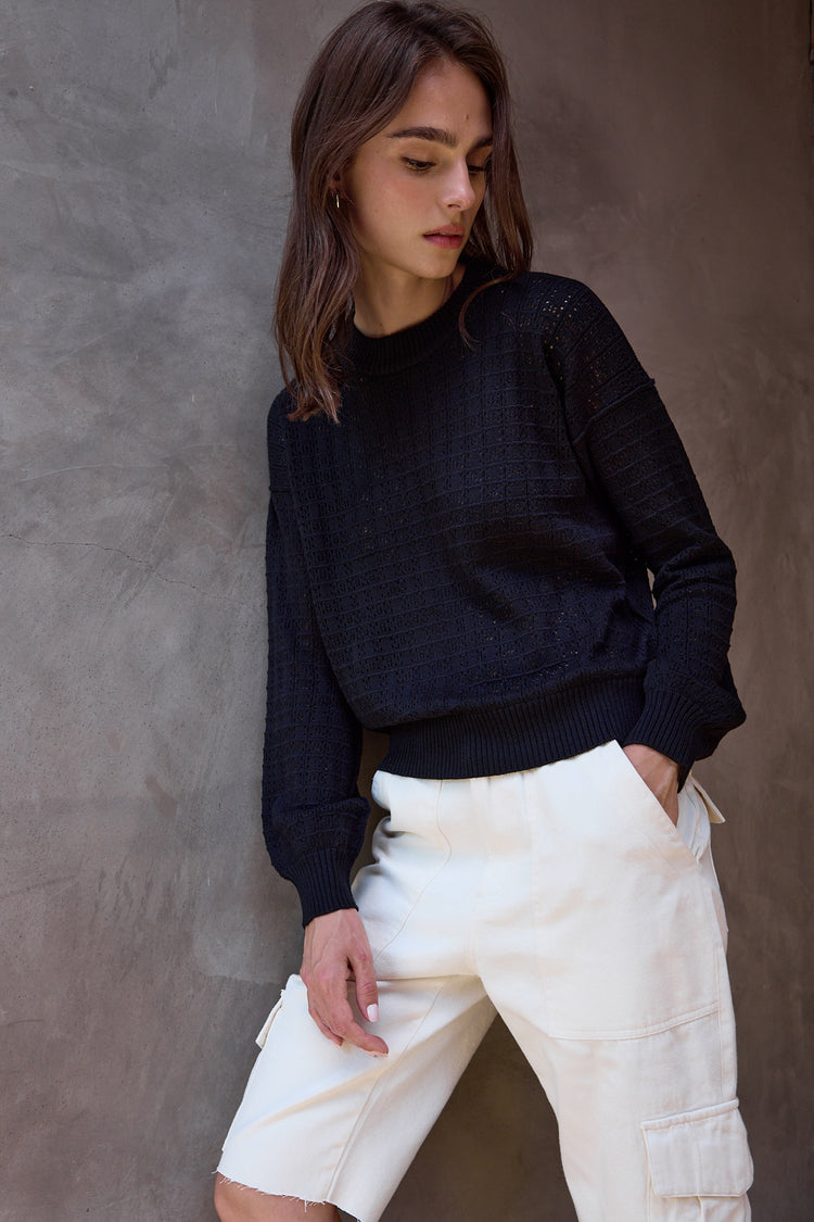 NSF Estelle Viscose Blend Crochet Blouson Crew Sweater - Black