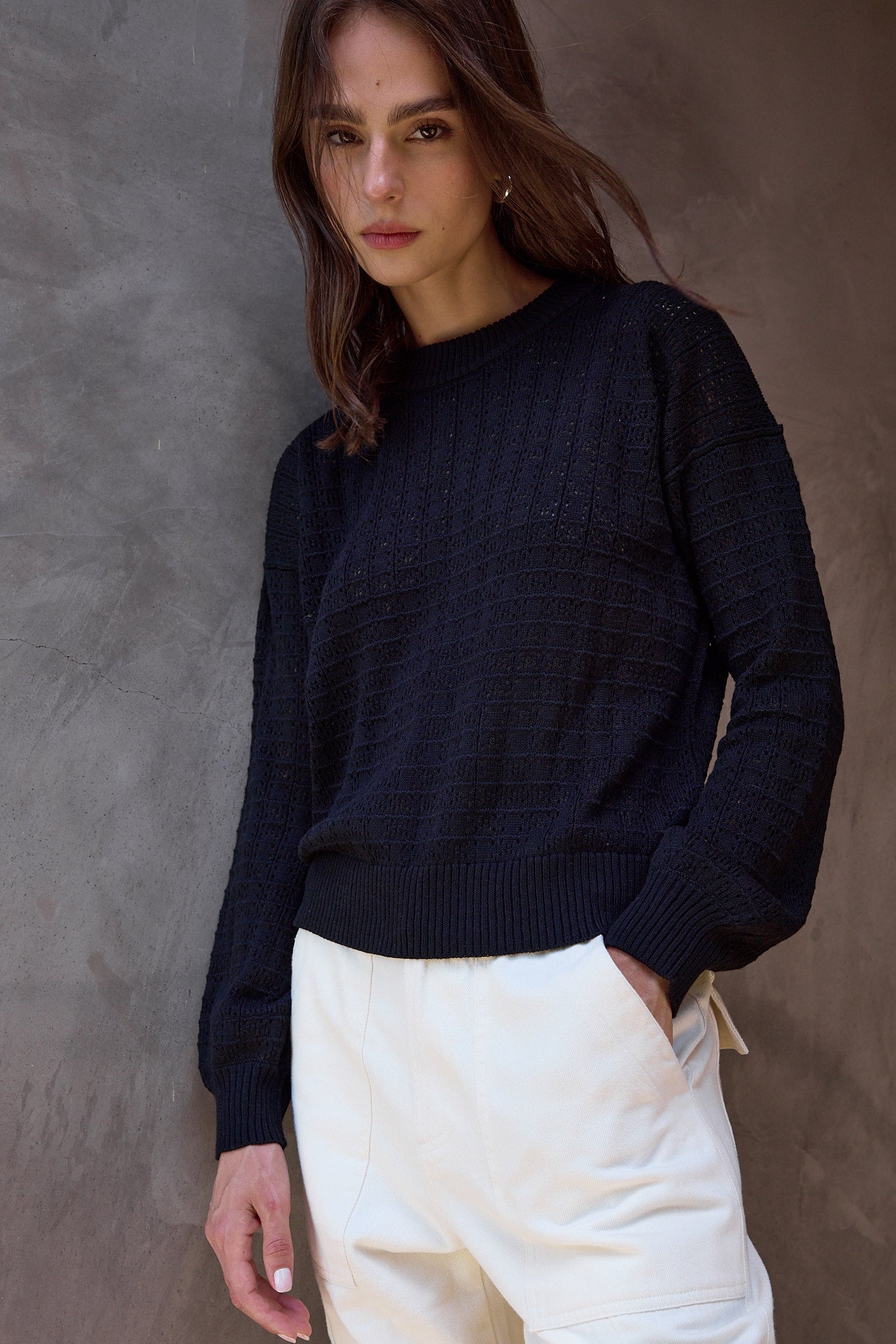 Black Pointelle V-Neck Sweater – Relaxed Fit Knit – NSF Clothing