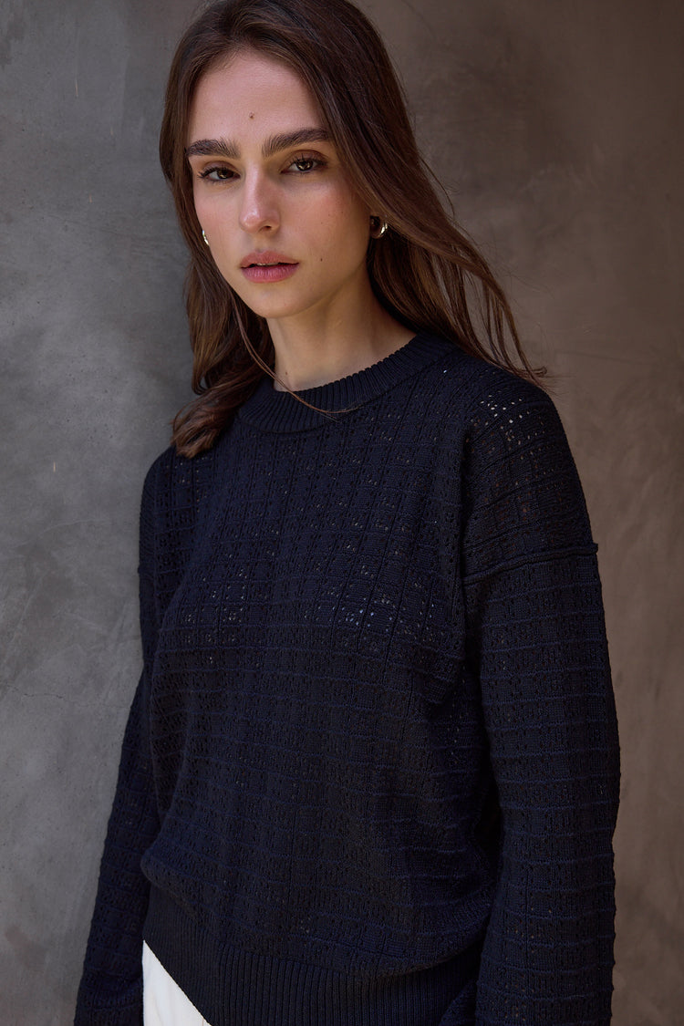 NSF Estelle Viscose Blend Crochet Blouson Crew Sweater - Black