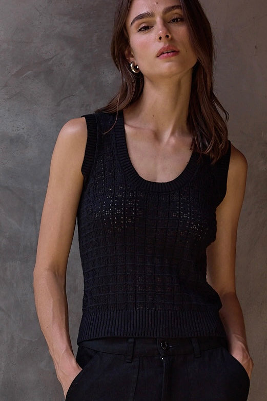 Black Pointelle V-Neck Sweater – Relaxed Fit Knit – NSF Clothing