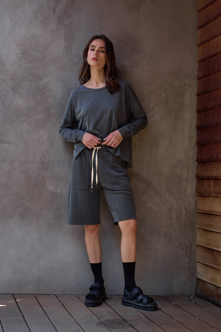 NSF Raven Wide Leg Loop Terry Culotte - Faded Black