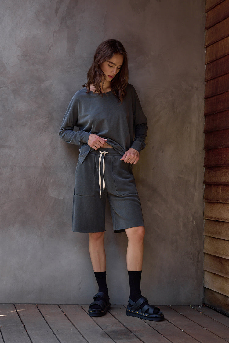 NSF Raven Wide Leg Loop Terry Culotte - Faded Black