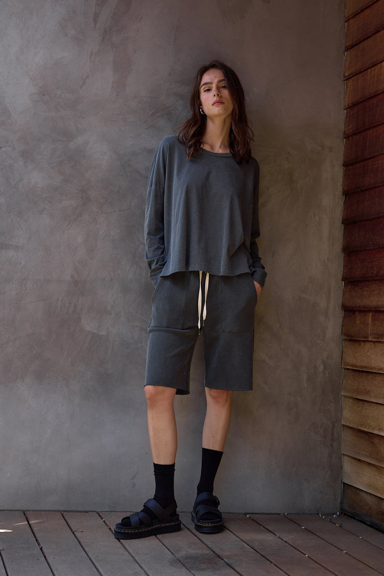 NSF Raven Wide Leg Loop Terry Culotte - Faded Black