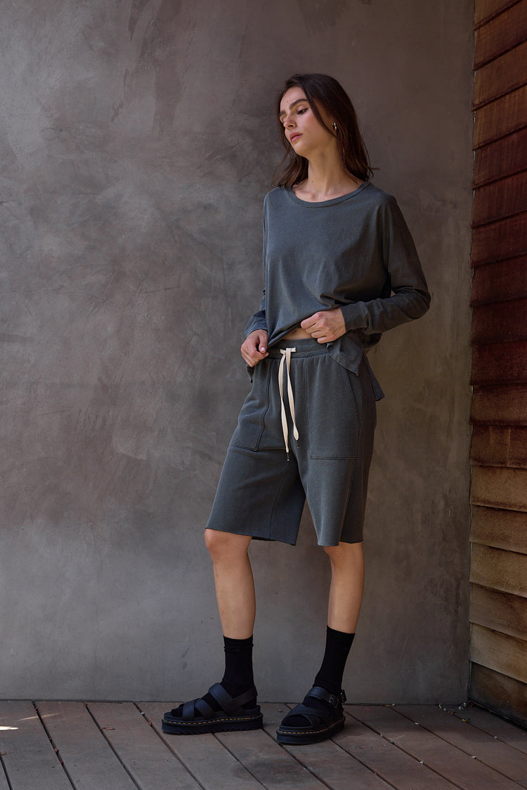 NSF Raven Wide Leg Loop Terry Culotte - Faded Black