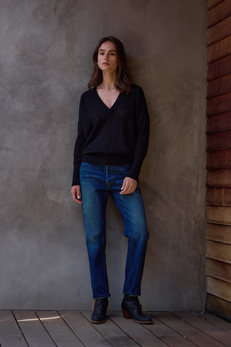 NSF Pheobe Viscose Blend Crochet V Neck Sweater - Black