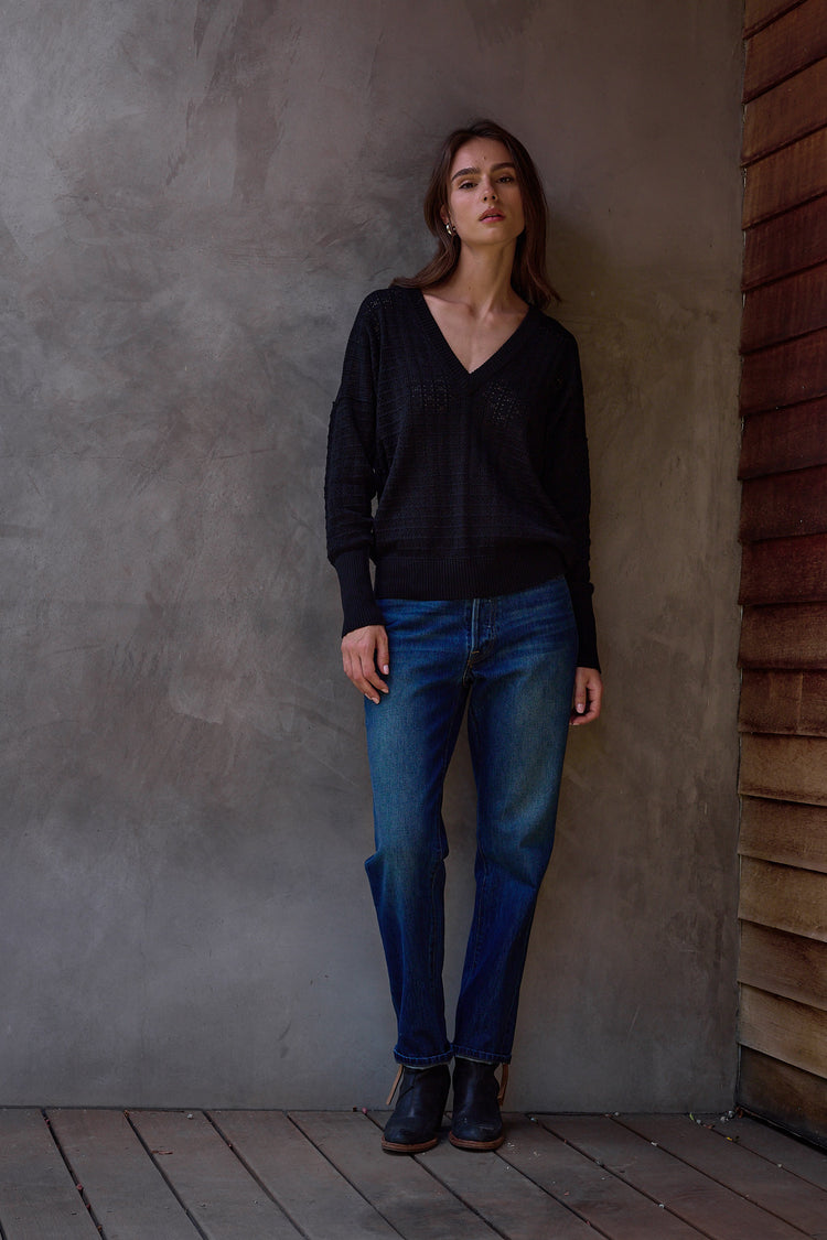 NSF Pheobe Viscose Blend Crochet V Neck Sweater - Black