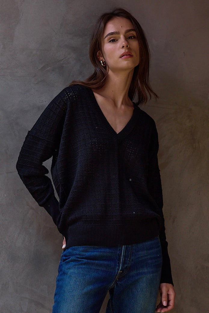 Black Pointelle V-Neck Sweater – Relaxed Fit Knit – NSF Clothing