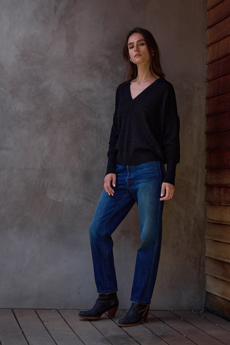 NSF Pheobe Viscose Blend Crochet V Neck Sweater - Black