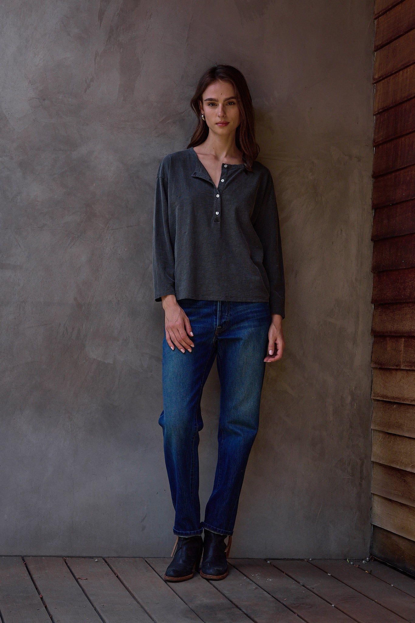 Women's Tee – NSF Hazel Boxy Slub Jersey Henley in Faded Black