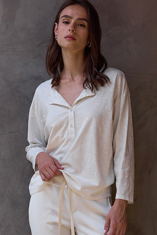 Women's Tee – NSF Hazel Boxy Slub Jersey Henley in Soft White