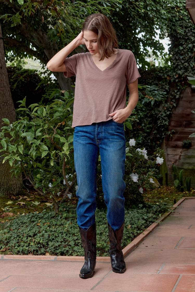 NSF Layla Relaxed V Neck Slub Jersey Tee - Deep Taupe