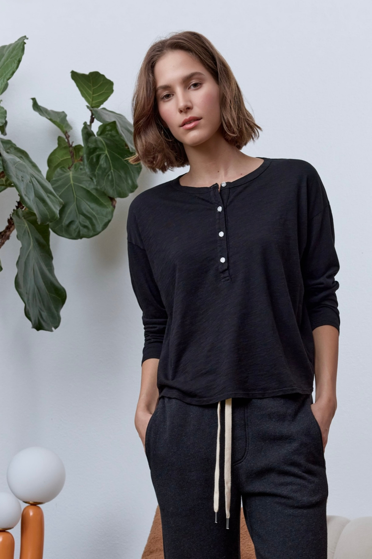 NSF Hazel Boxy Slub Jersey Henley - Black