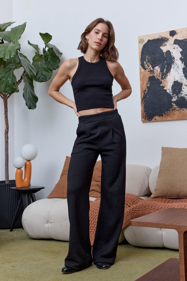 NSF Louis Pleated Wide Leg Cloud Fleece Pant - Black