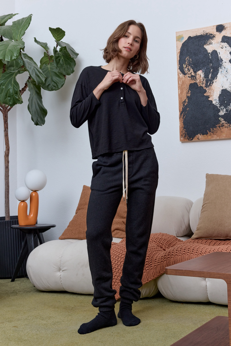 NSF Hazel Boxy Slub Jersey Henley - Black