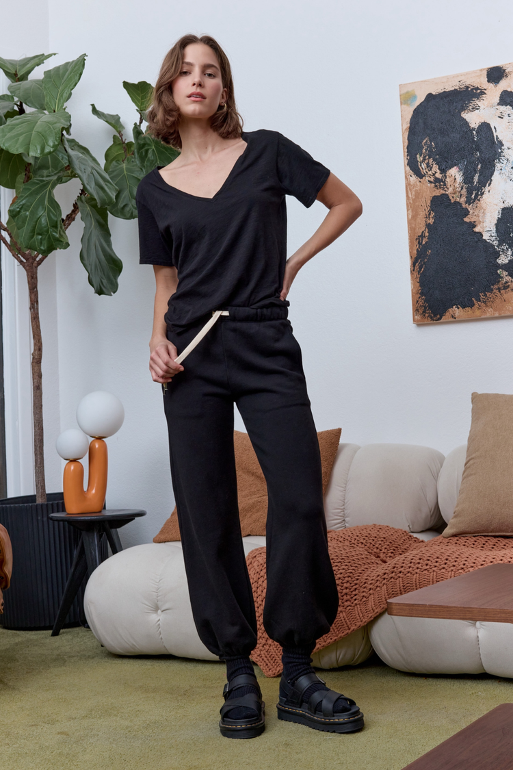 NSF Layla Relaxed V Neck Slub Jersey Tee - Black