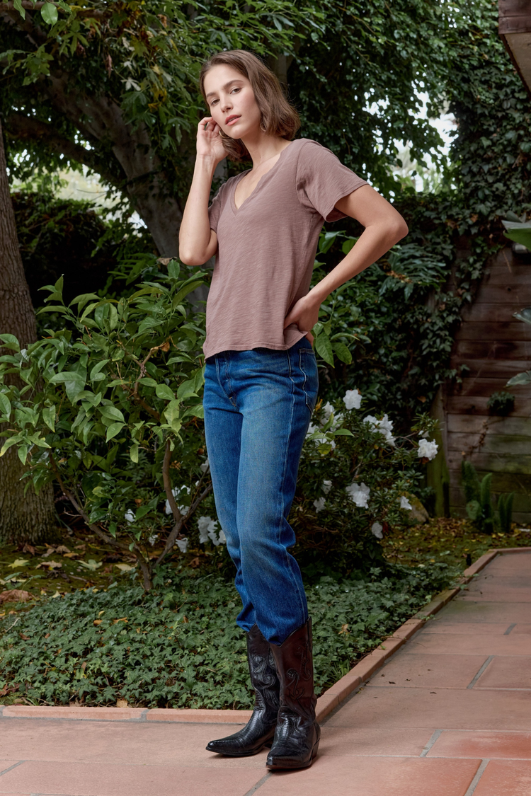 NSF Layla Relaxed V Neck Slub Jersey Tee - Deep Taupe