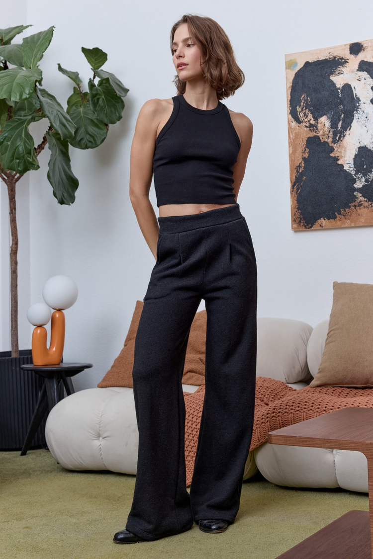 NSF Louis Pleated Wide Leg Cloud Fleece Pant - Black