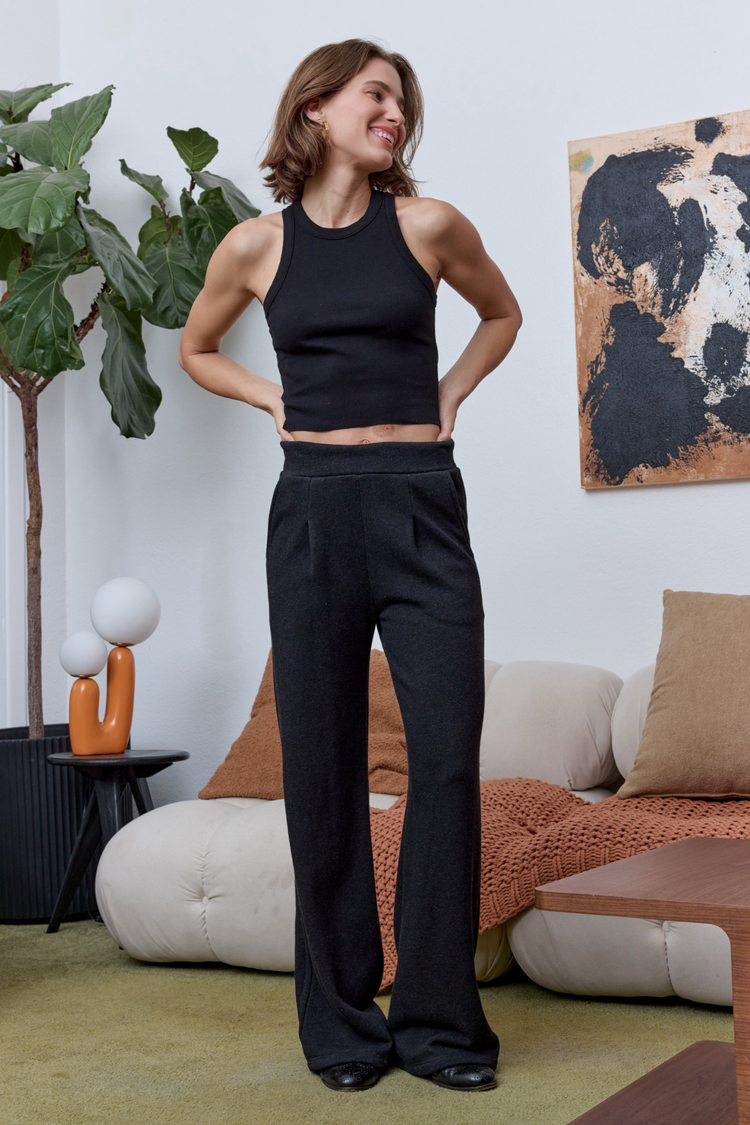 NSF Louis Pleated Wide Leg Cloud Fleece Pant - Black