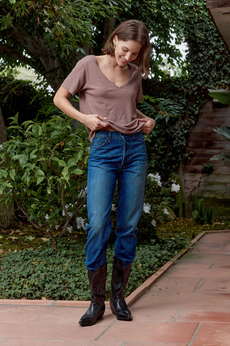 NSF Layla Relaxed V Neck Slub Jersey Tee - Deep Taupe